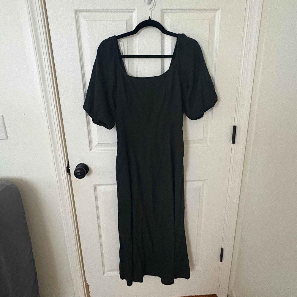 Old Navy Crepe Midi Dress Puff Sleeve Wedding Guest Hunter Green